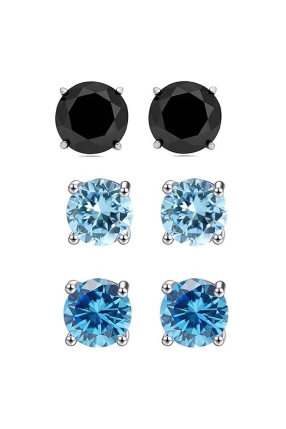 18k White Gold 3 Ct Black Sapphire, Aquamarine & Blue Topaz Round Stud Earrings Women Plated by Paris Jewelry