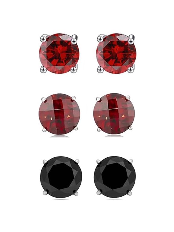18k White Gold 3 Ct Created Ruby, Garnet & Black Sapphire Round Stud Earrings for Women Plated by Paris Jewelry
