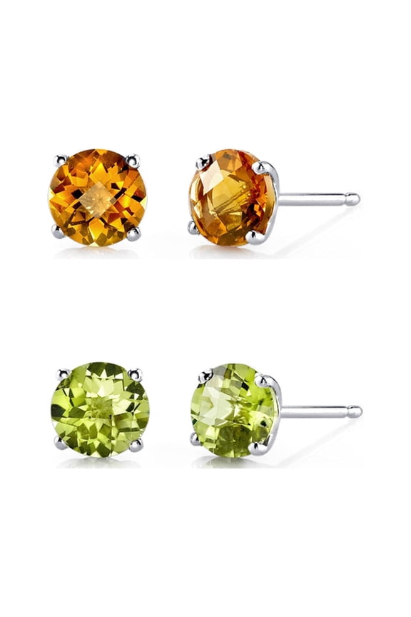 18k White Gold 3 Ct Citrine and Peridot Round Plated Stud Earrings by Paris Jewelry