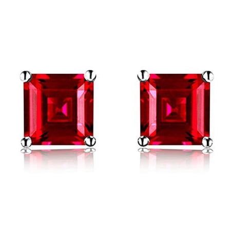 24k White Gold Plated 2 Cttw Ruby Square Stud Earrings