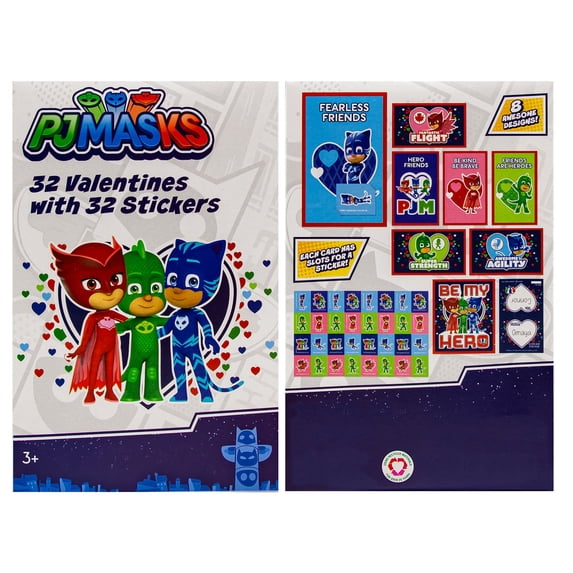 PJ Masks 32 Count School Valentines Day Illustrated Cards with Matching Stickers or Tattoos
