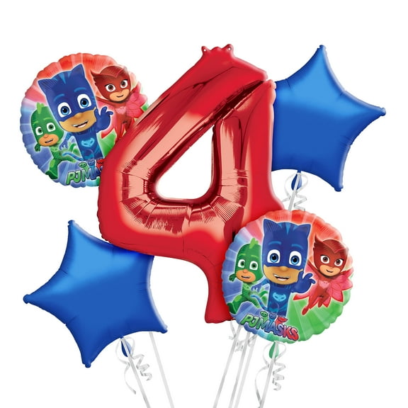 PJ Masks 4th Birthday Balloon Bouquet, Party Decorations, 5 Pieces