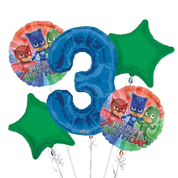 PJ Masks Balloon Bouquet 3rd Birthday 5 pcs - Party Supplies2 Themed Round Balloons, 18in By Viva Party