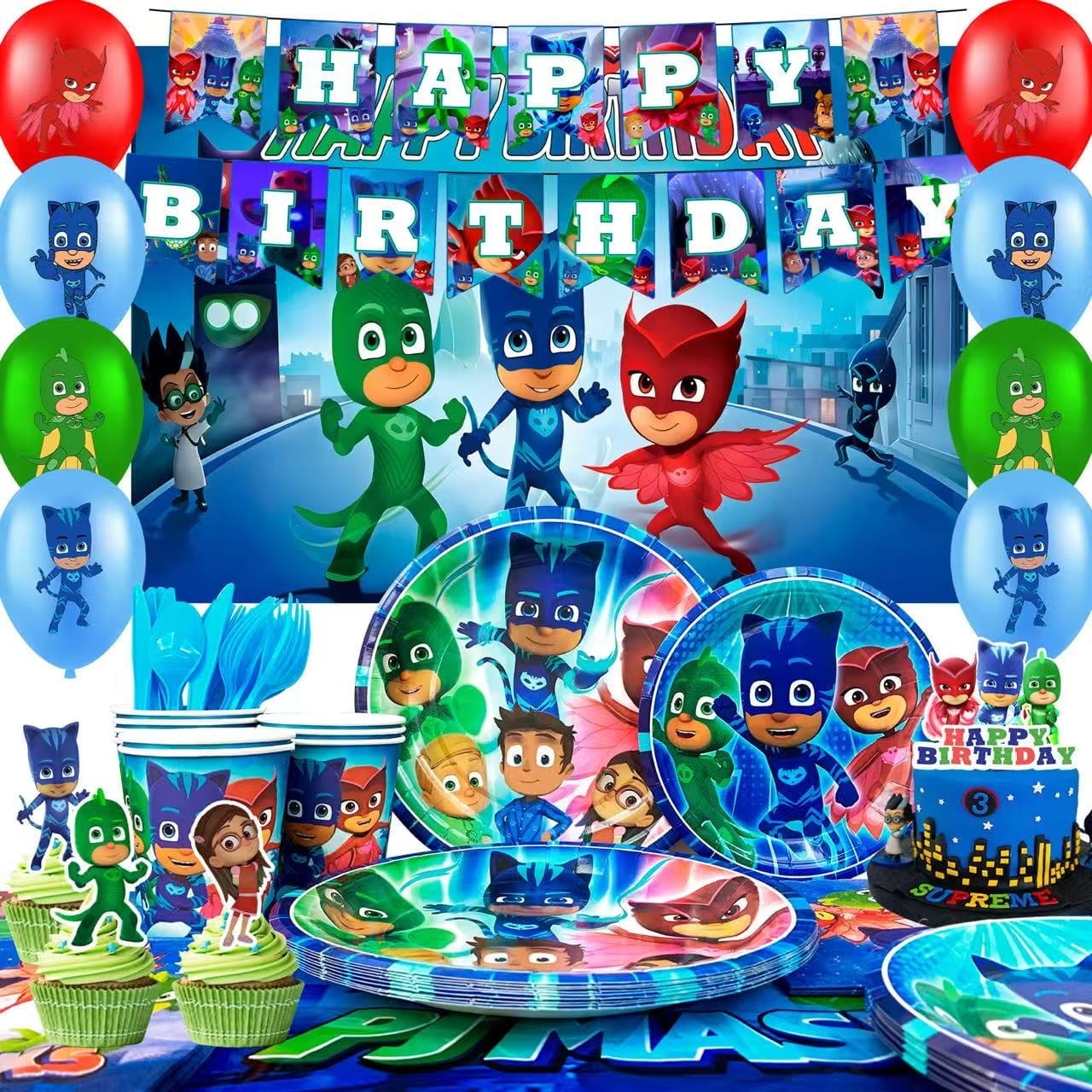 PJ Masks Birthday Decorations,PJ Masks Party Decorations & PJ Masks Tableware set- PJ Masks Birthday Plates Napkins & PJ Masks Balloons Banners Cake Toppers etc PJ Masks Birthday Party Supplies