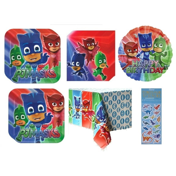 PJ Masks Birthday Party Supplies Bundle Includes 16 Paper Plates 7", 16 Napkins 2-Ply 5", 1 Table Cover, 1 Mylar Foil Balloon 18", 1 Dinosaur Sticker Sheet