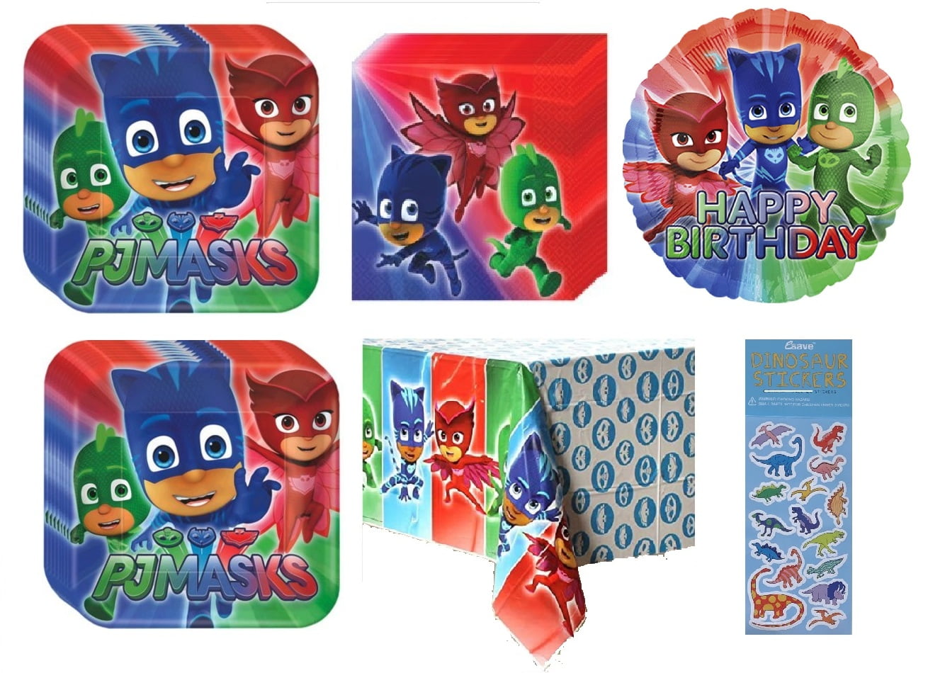 PJ Masks Birthday Party Supplies Bundle Includes 16 Paper Plates 7", 16 Napkins 2-Ply 5", 1 Table Cover, 1 Mylar Foil Balloon 18", 1 Dinosaur Sticker Sheet