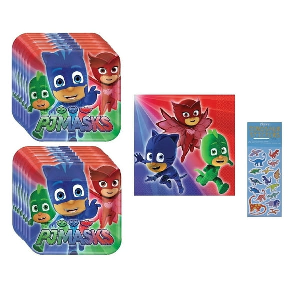 PJ Masks Birthday Party Supplies Bundle includes 16 Dessert Cake Paper Plates 7", 16 Paper Napkins 5", 1 Dinosaur Sticker Sheet