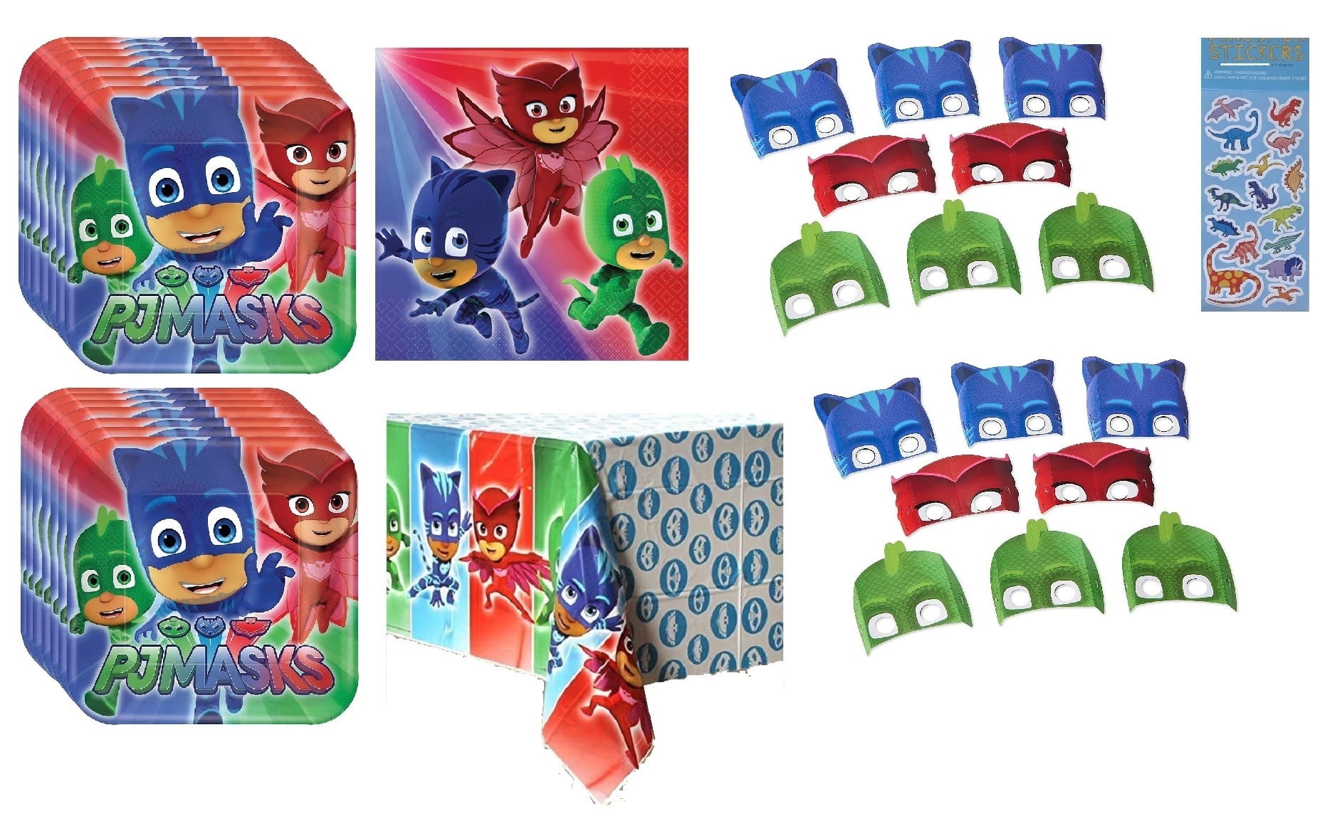 PJ Masks Birthday Party Supplies Bundle includes 16 Paper Plates 7", 16 Napkins 5", 1 Plastic Table Cover, 16 Party Paper Masks, 1 Dinosaur Sticker Sheet
