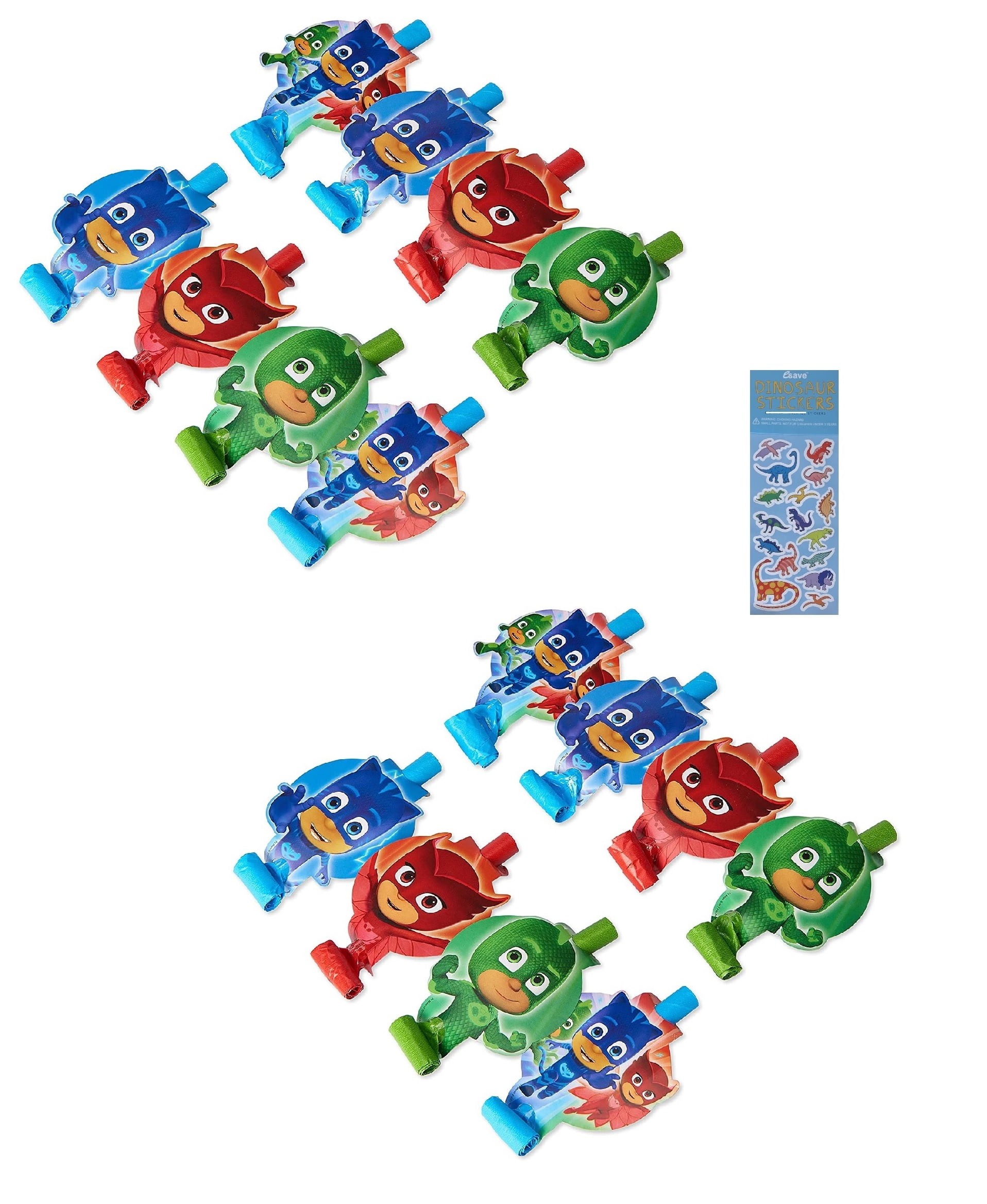 PJ Masks Birthday Party Supplies Bundle includes 16 Party Blowouts and 1 Dinosaur Sticker Sheet