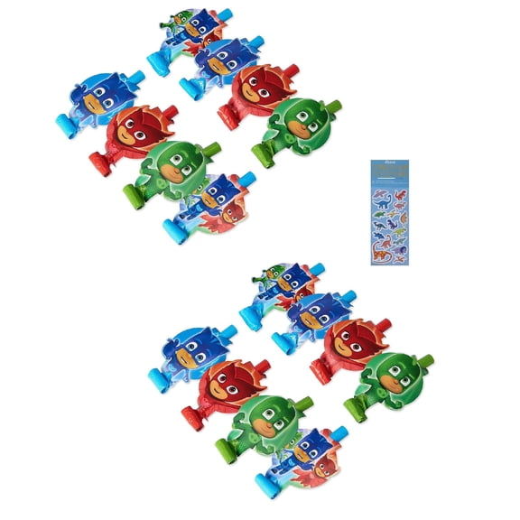 PJ Masks Birthday Party Supplies Bundle includes 16 Party Blowouts and 1 Dinosaur Sticker Sheet