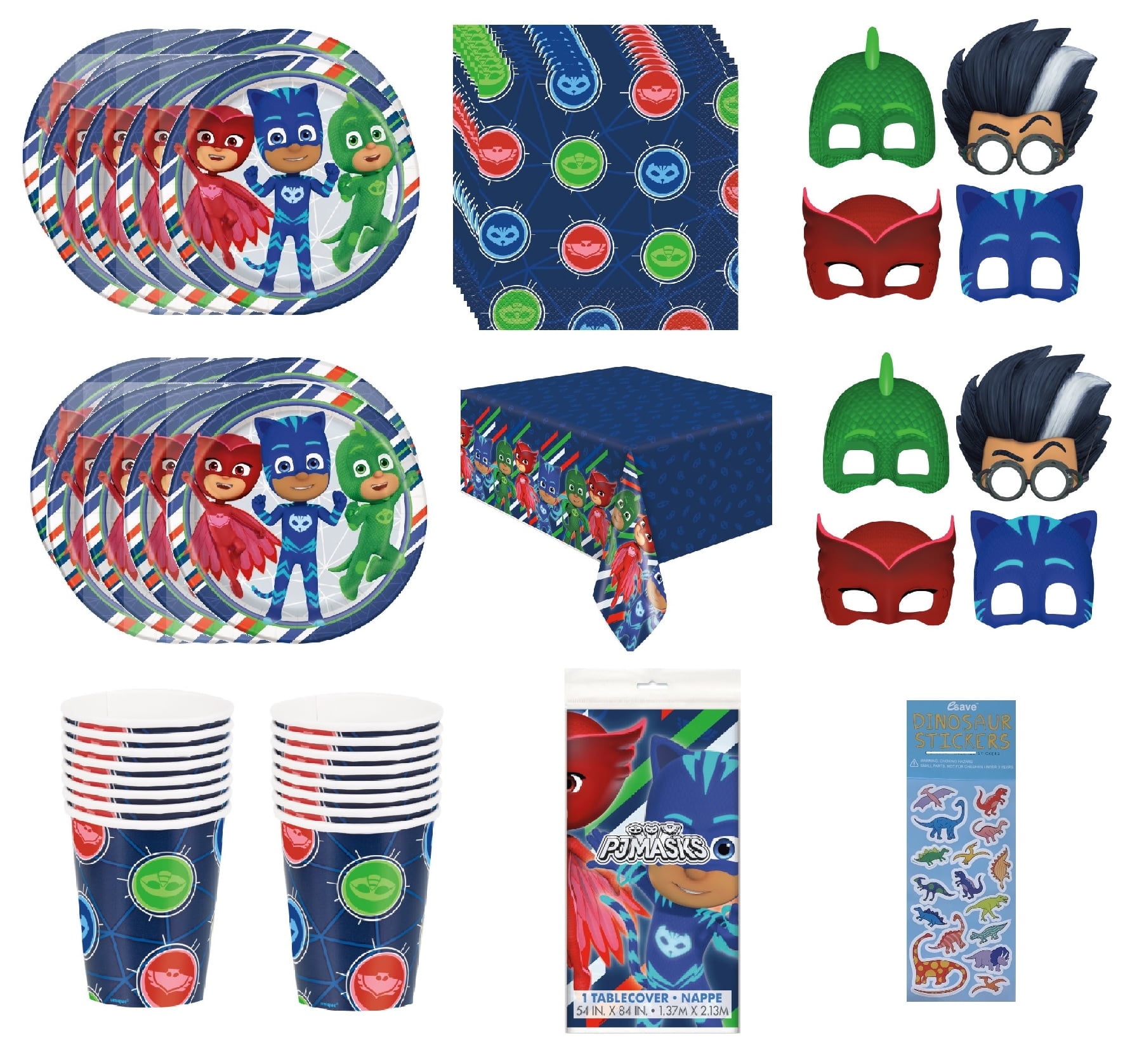 PJ Masks Birthday Party Supplies Decoration Bundle includes 16 Lunch Paper Plates, 16 Lunch Paper Napkins, 16 Paper Cups, 1 Plastic Table Cover, 16 Paper Masks (Bundle for 16)