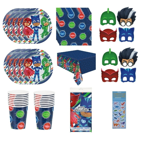 PJ Masks Birthday Party Supplies Decoration Bundle includes 16 Lunch Paper Plates, 16 Lunch Paper Napkins, 16 Paper Cups, 1 Plastic Table Cover, 16 Paper Masks (Bundle for 16)
