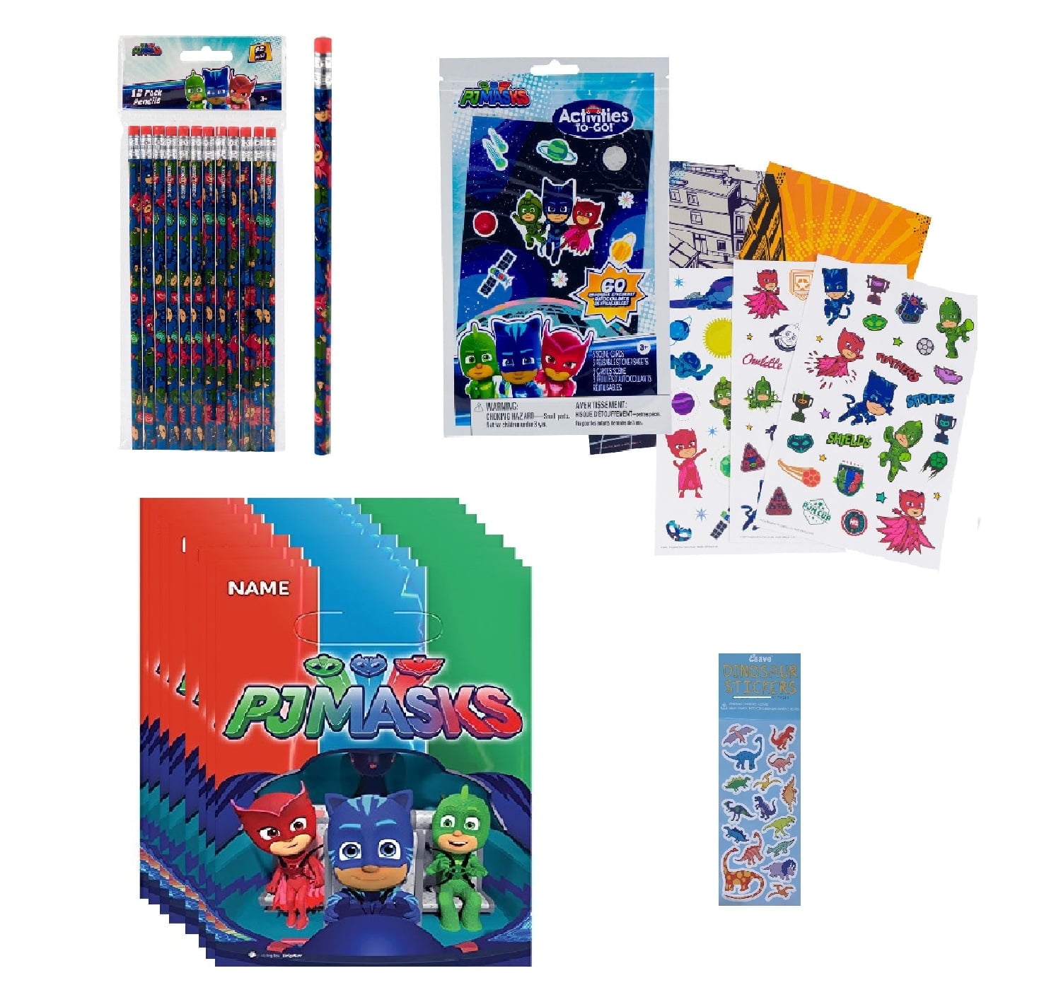 PJ Masks Birthday Party Supplies Favor Bundle Pack includes 8 Loot Bags, 12 Pencils, 1 Activites To-Go Pack, 1 Dinosaur Sticker Sheet