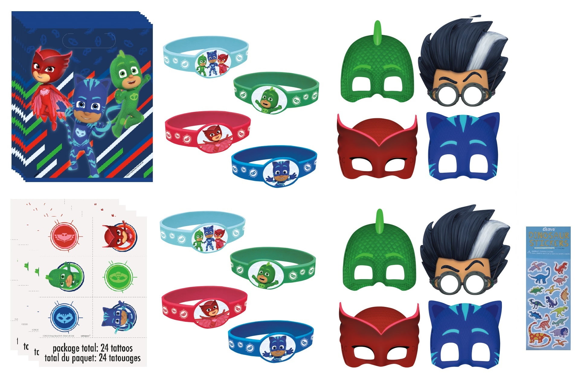 PJ Masks Birthday Party Supplies Favor Bundle Pack includes 8 Loot Bags, 8 Rubber Bracelets, 24 Tattoos, 8 Party Paper Masks, 1 Dinosaur Sticker Sheet