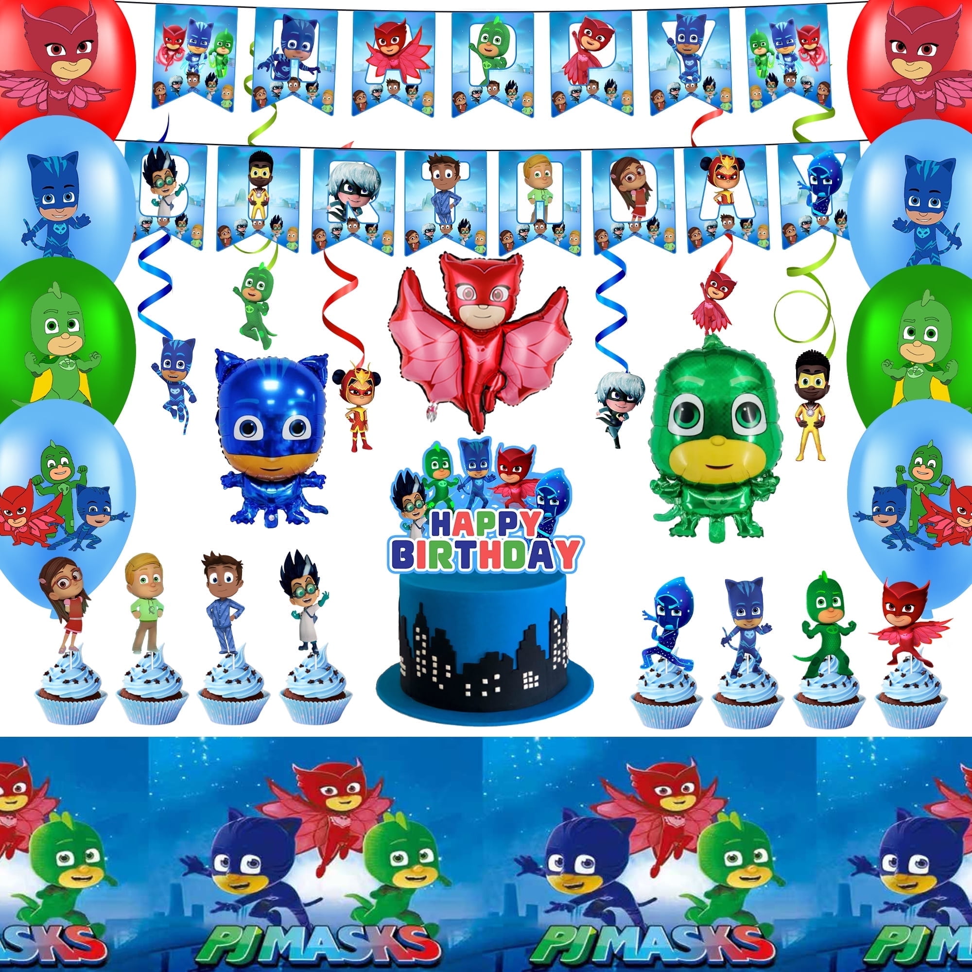 PJ Masks Birthday Party Supplies,36 Pcs PJ Masks Party Decorations set - PJ Masks Balloons Banners Spiral Decorations Cake Toppers etc PJ Masks Birthday Decorations for Girls/Boys
