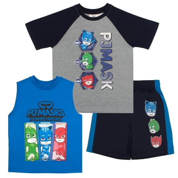 PJ Masks Boys 3 Piece Short Set PJ Masks Short Sleeve Shirt Tank Top Shirt and Shorts 3 Pack Bundle Set for Kids and Toddlers (Size 3T-8)