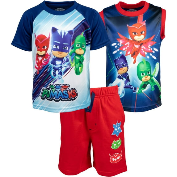 PJ Masks Catboy Owlette Gekko Little Boys T-Shirt Tank Top and French Terry Shorts 3 Piece Outfit Set Toddler to Big Kid