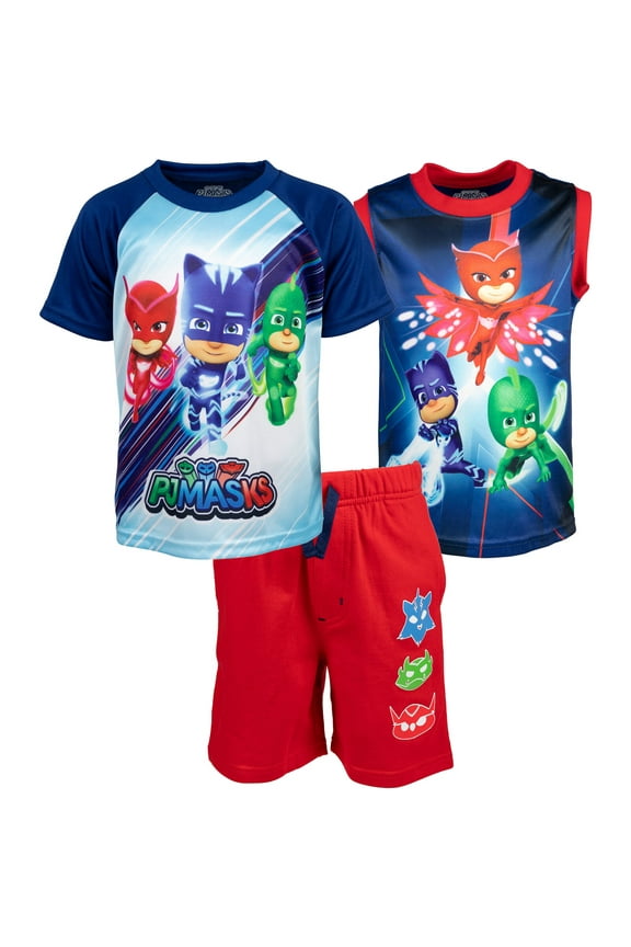 Catboy Owlette Gekko Toddler Boys T-Shirt Tank Top and French Terry Shorts 3 Piece Outfit Set Toddler to Big Kid