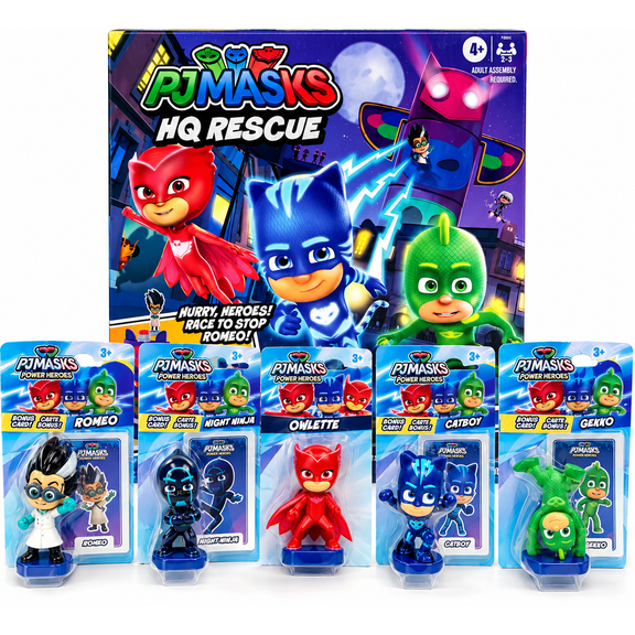 PJ Masks HQ Rescue Board Game with 5 Character Figures, Catboy, Owlette, Gekko, Romeo & Night Ninja, 6-Piece Gift Set, TW Design Apparel