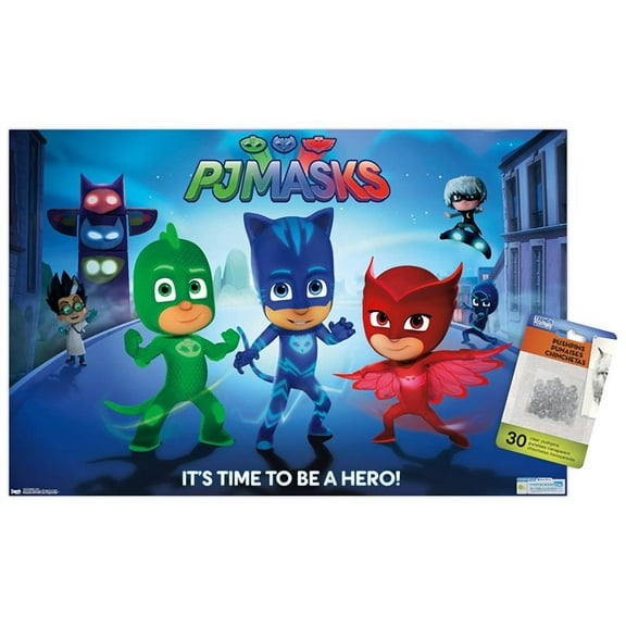 PJ Masks - Its Time To Be A Hero Wall Poster with Push Pins, 14.725" x 22.375"