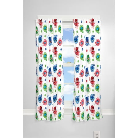 PJ Masks Kids Bedroom Window Curtains, 2 Panel Set, Microfiber, 63" Length, White
