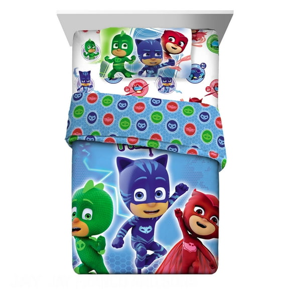 PJ Masks Kids Twin Bed in a Bag, Comforter and Sheets, Blue, Hasbro