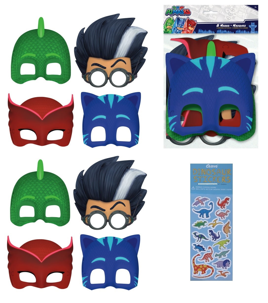 PJ Masks Party Supplies Favors Bundle Pack includes 16 Party Paper Masks and 1 Dinosaur Sticker Sheet