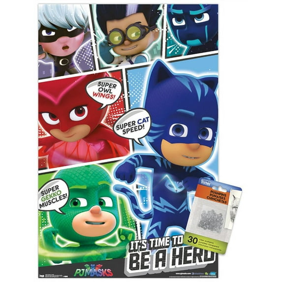 PJ Masks - Powers Wall Poster with Push Pins, 14.725" x 22.375"