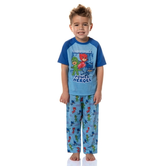 PJ Masks Toddler Boys' Power Heroes Gekko Owlette Catboy 2-Piece Raglan Short Sleeve Sleep Shirt Pajama Pant Lounge Set