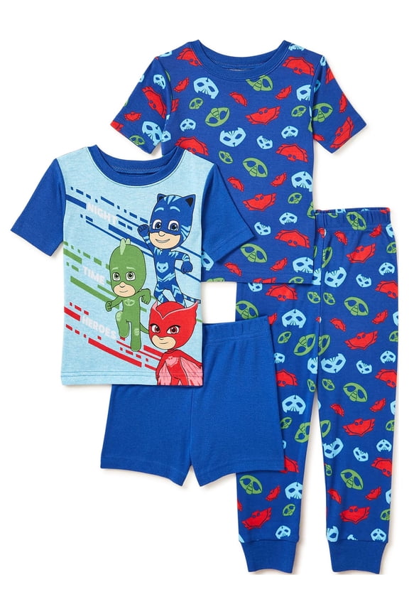 Toddler Boys Snug Fit Cotton Short Sleeve T-Shirt & Pants, 4-Piece Pajama Set, Sizes 2T-5T