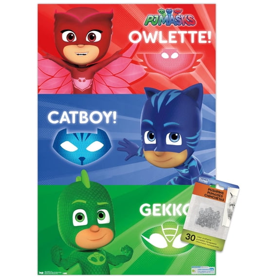 PJ Masks - Trio Wall Poster with Push Pins, 14.725" x 22.375"