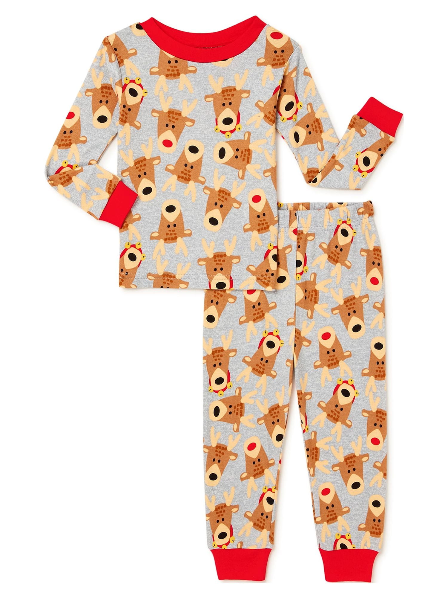 PJ & Me Baby & Toddler Unisex Long Sleeve Christmas Reindeer Top and Pants, 2-Piece Cotton Pajama Set, Sizes 12M-5T