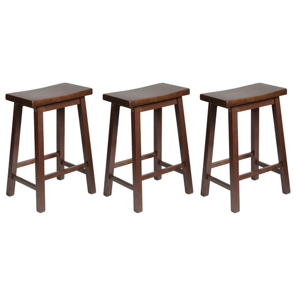 PJ Wood Classic Saddle Seat 24'' Kitchen Bar Counter Stool, Walnut (3 Pack)