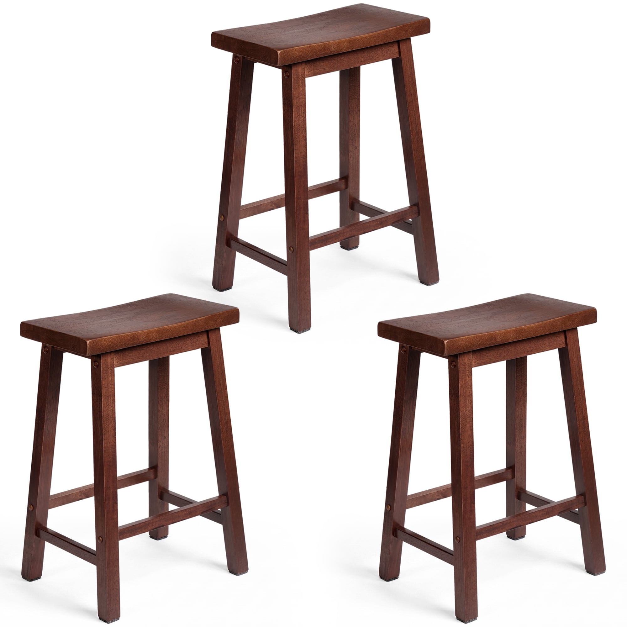 PJ Wood Classic Saddle Seat 24'' Kitchen Bar Counter Stool, Walnut (3 Pack)