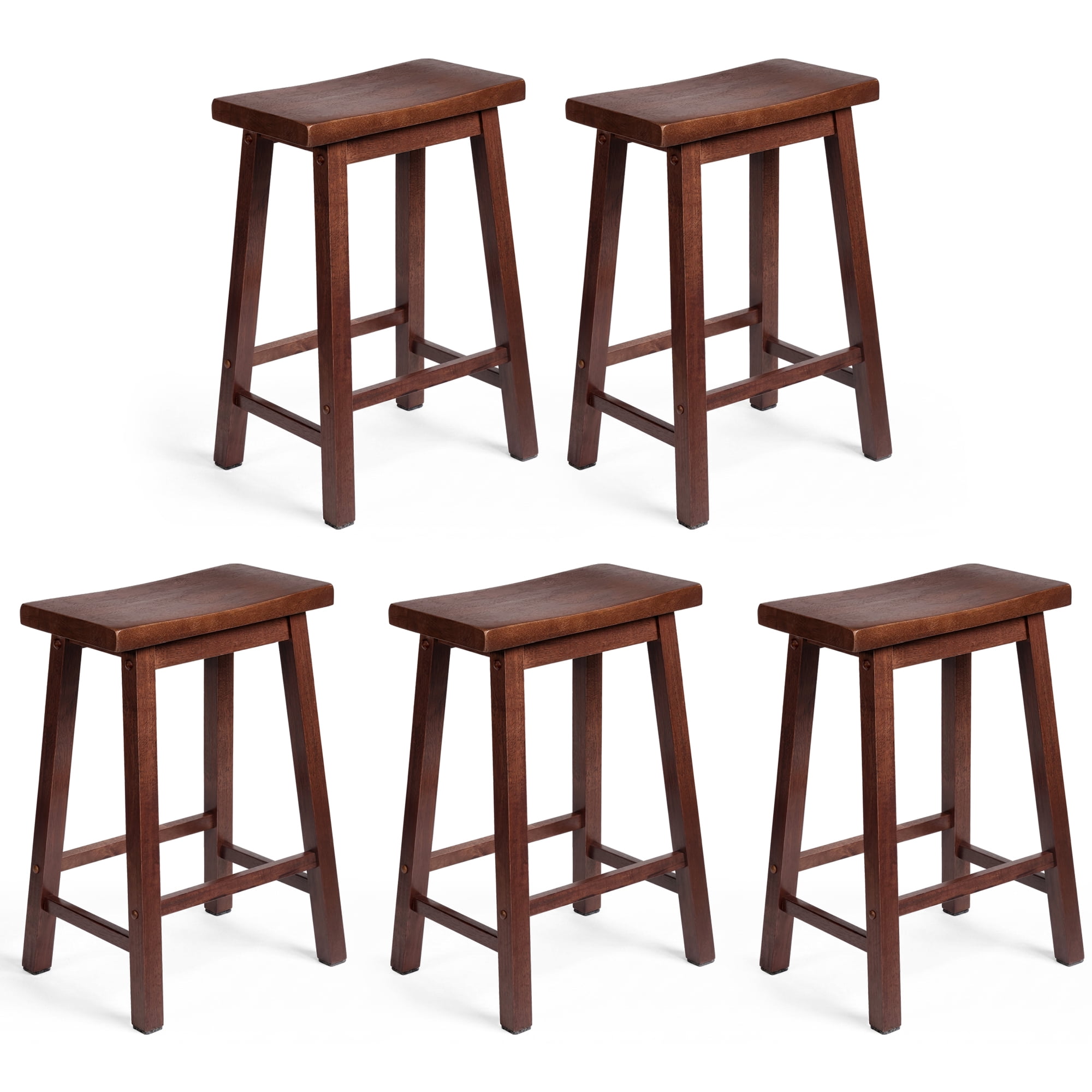 PJ Wood Classic Saddle Seat 24'' Kitchen Bar Counter Stool, Walnut (5 Pack)