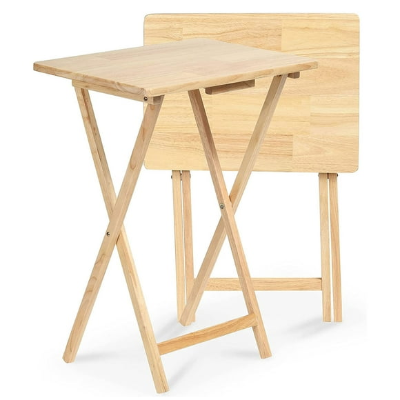 PJ Wood Folding Portable TV Snack Tray Table, Natural Finish, 2 Piece Set
