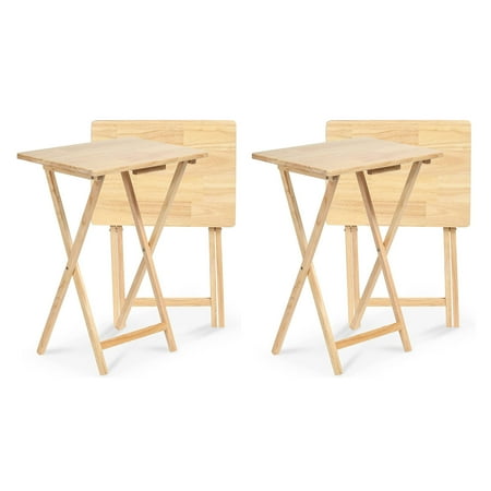 PJ Wood Folding Portable TV Snack Tray Table, Natural Finish (4-Piece Set)