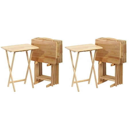 PJ Wood Folding Snack Tray Table w/Compact Storage Rack (10-Piece Set)