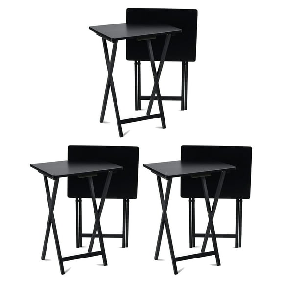 PJ Wood Folding TV Tray, Portable Wooden Table Set with Storage, Black, 6 Piece Set