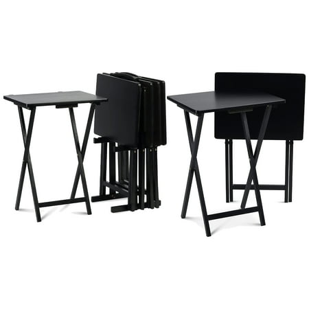 PJ Wood Folding TV Snack Tray Table with Compact Storage Rack, (Set of 7)