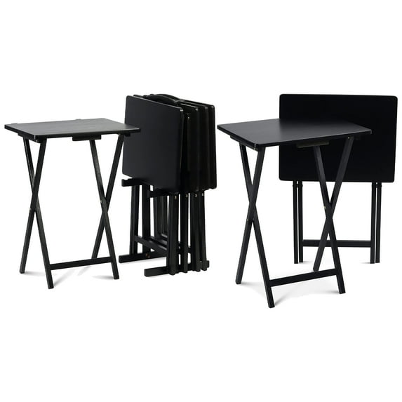 PJ Wood Folding TV Snack Tray Table with Compact Storage Rack, (Set of 7)