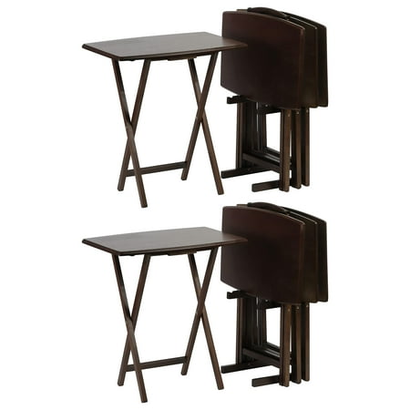 PJ Wood Folding TV Tray Table w/Compact Storage Rack, Walnut (10-Piece Set)