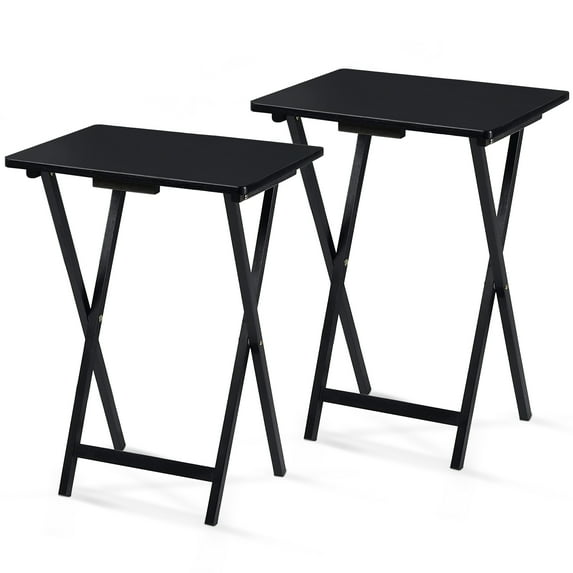 PJ Wood Folding TV Tray, Collapsible Portable Snack Serving Tables, Black, 2 Piece Set