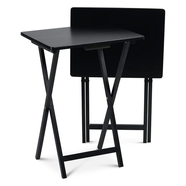 PJ Wood Folding TV Tray Tables with Storage Rack, Black, 2 Piece Set
