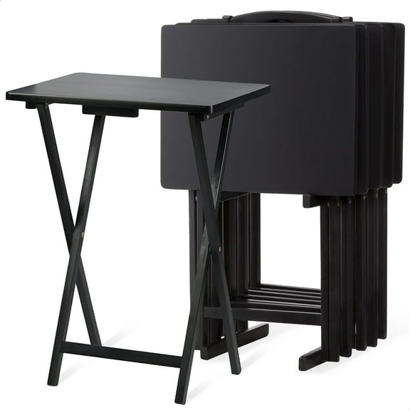 PJ Wood Folding TV Tray Tables with Storage Rack, Black, 5 Piece Set