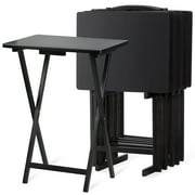 PJ Wood Folding TV Tray Tables - Storage Rack - 5 Piece Set, Black