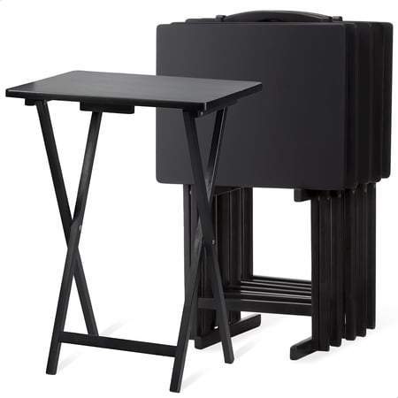 PJ Wood Folding TV Tray Tables - Storage Rack - 5 Piece Set, Black