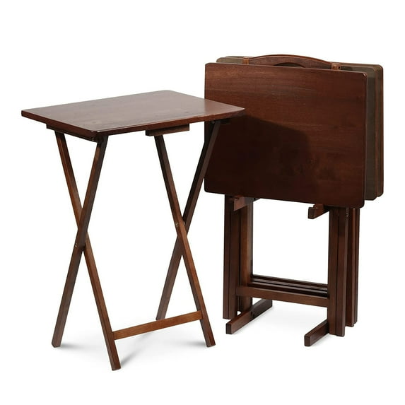 PJ Wood 5-Piece Wooden Folding Dining TV Tray Table Set with Storage Stand, Honey Oak