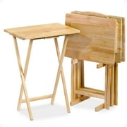 PJ Wood Folding TV Tray Tables with Storage Rack, Natural, 5 Piece Set