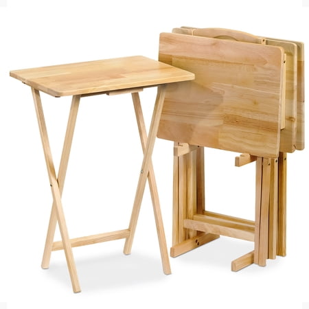 PJ Wood Folding TV Tray Table Set - With Storage Rack - 5 Piece Set, Natural